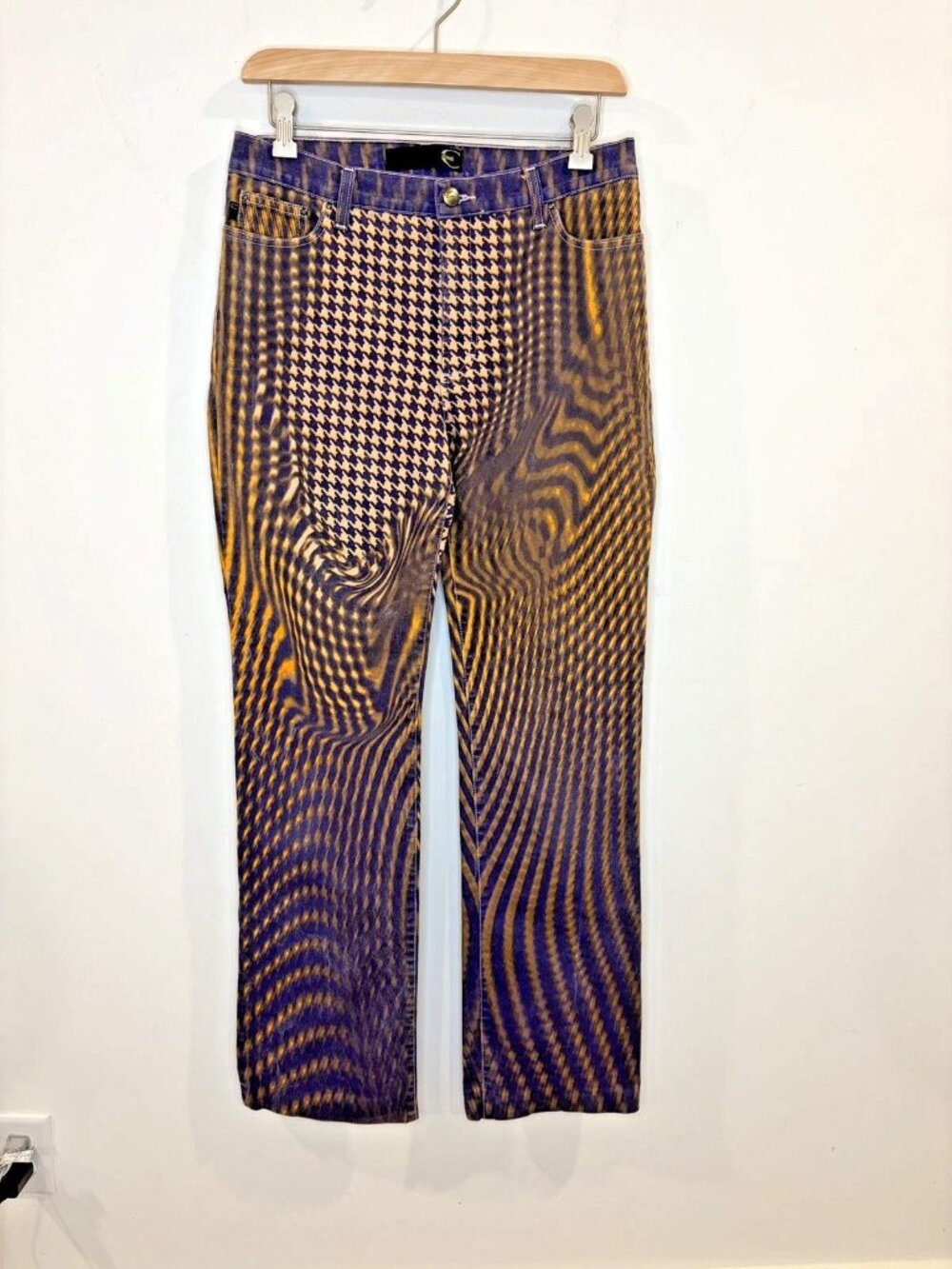 Vintage Just Cavalli Psychedelic Jeans 32 Warped Houndstooth Purple Orange RARE